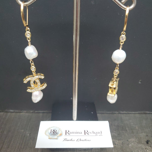 Ramina Pearls Gold Plated Small CC with Pearls Earrings Above & Below