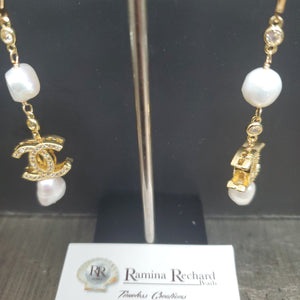 Ramina Pearls Gold Plated Small CC with Pearls Earrings Above & Below