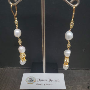 Ramina Pearls Gold Plated CC Symbol with 2 Pearls Earrings Above & One Below