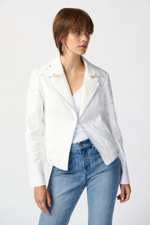 Joseph Ribkoff Studded Foiled Suede Jacket with Floral Appliqué