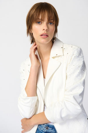 Joseph Ribkoff Studded Foiled Suede Jacket with Floral Appliqué