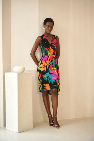 Joseph Ribkoff Silky Knit Tropical Print Wrap Dress