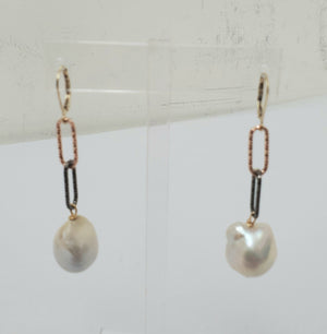 Ramina Pearls Black Silver And Gold Filled Paper Clip Earrings With Baroque Pearl