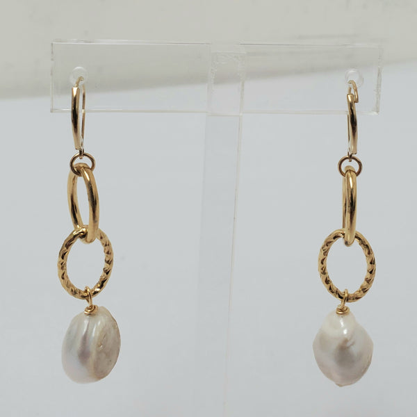 Ramina Pearls Double Hoop Gold Filled Earrings With White Baroque Pearls