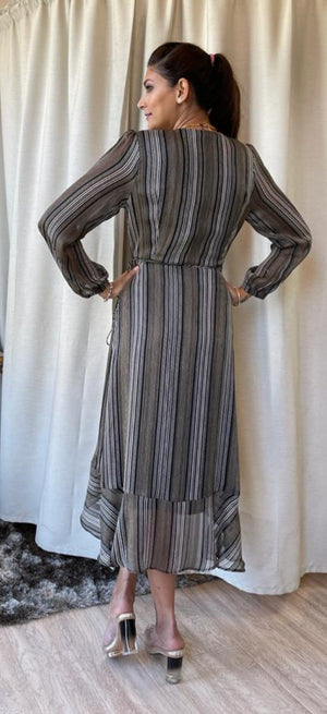 Lavender Brown Long Sleeve Front V Neck Print Dress