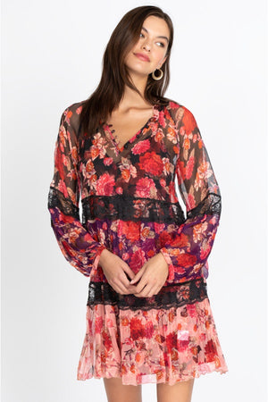 Johnny Was Natasha Colorful And Flowy Long Sleeves Front V Neck Dress
